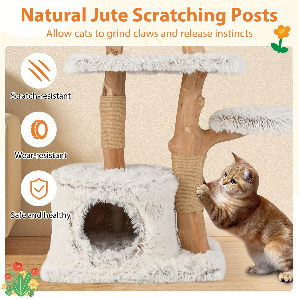 LIVSK Moderne Kattenboom - Massief Perenhout - Zachte Pluche Platforms - Jute Krabpalen - 135 cm Hoog - Wit + Natuurlijk