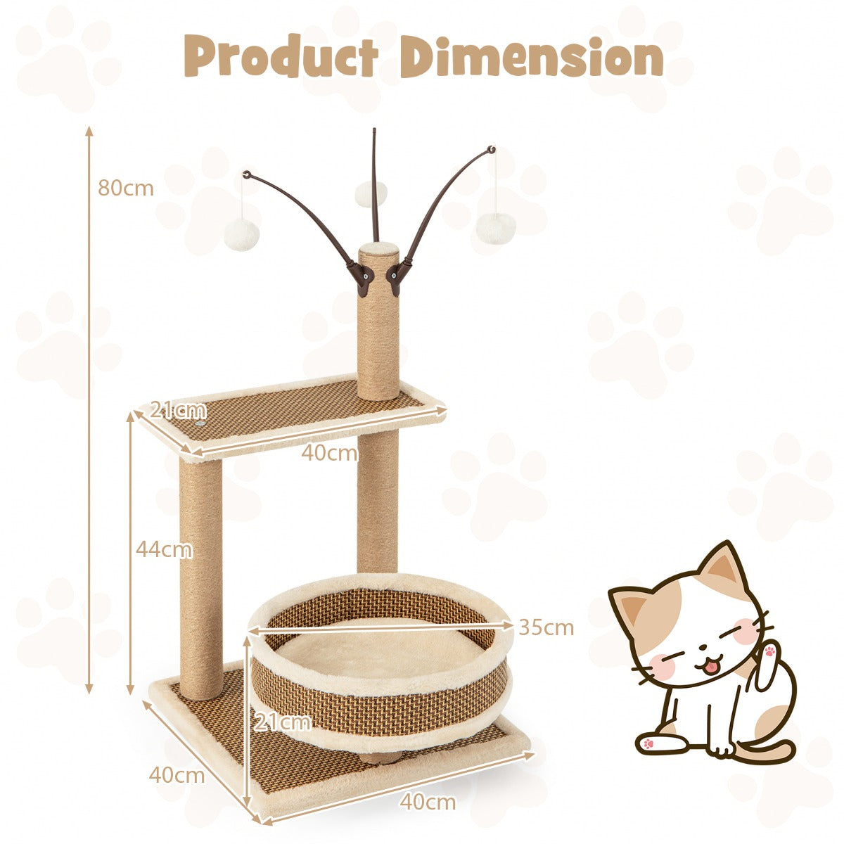 LIVSK Kattenactiviteitencentrum - Met Rotanmat en 3 Speelgoedballen - Krabpaal en Comfortabel Bed - 40 x 40 x 80 cm - Natuur
