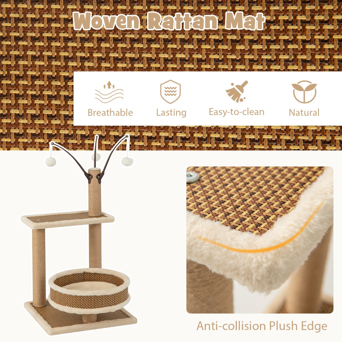 LIVSK Kattenactiviteitencentrum - Met Rotanmat en 3 Speelgoedballen - Krabpaal en Comfortabel Bed - 40 x 40 x 80 cm - Natuur
