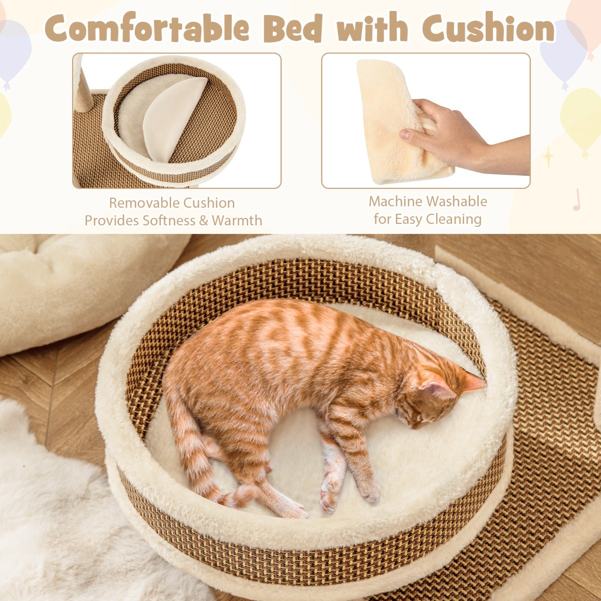 LIVSK Kattenactiviteitencentrum - Met Rotanmat en 3 Speelgoedballen - Krabpaal en Comfortabel Bed - 40 x 40 x 80 cm - Natuur