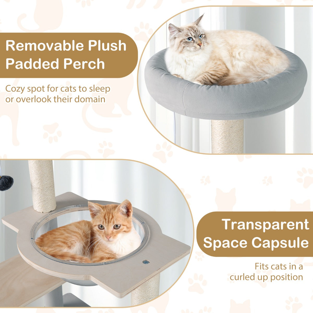LIVSK Moderne Kattenkrabpaal - Transparante Kap - Afneembare Pluchen Zitstok - Sisal Krabpalen - 4 Platforms - Natuurlijk