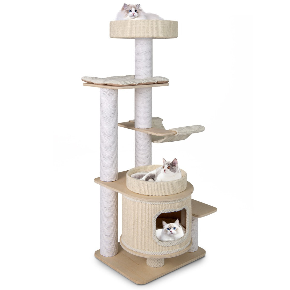 Livsk costway moderne krabpaal met beklede uitkijkplaats kattenhuis met 2 verdiepingen klimtoren voor katten
