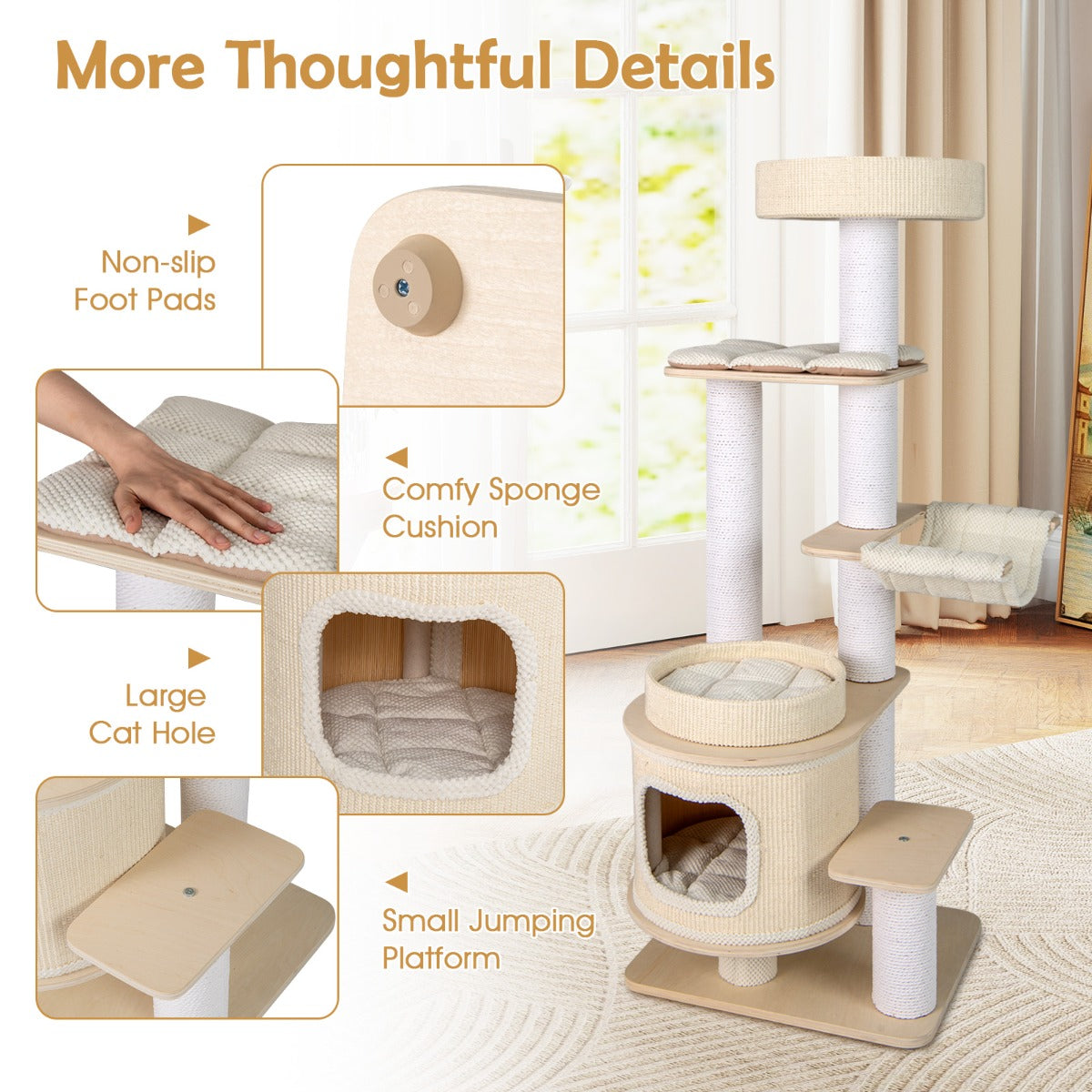 Livsk costway moderne krabpaal met beklede uitkijkplaats kattenhuis met 2 verdiepingen klimtoren voor katten 5