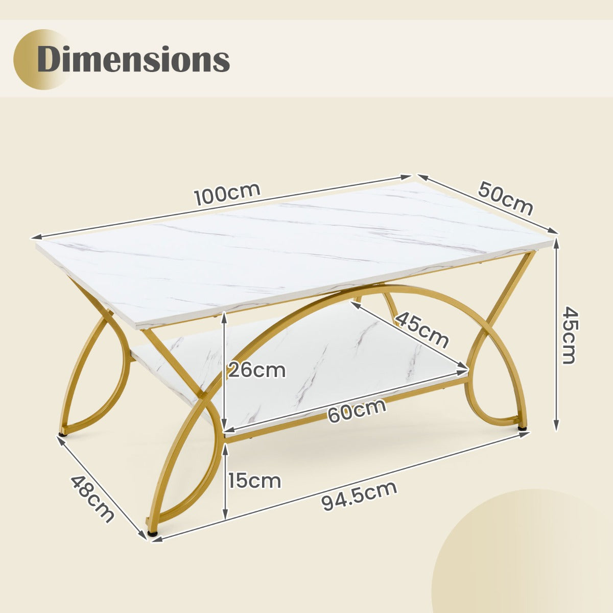 Livsk costway moderne kunstmarmer koffietafel rechthoekige accenttafel met 2 lagen en goud afgewerkt metalen frame wit 2