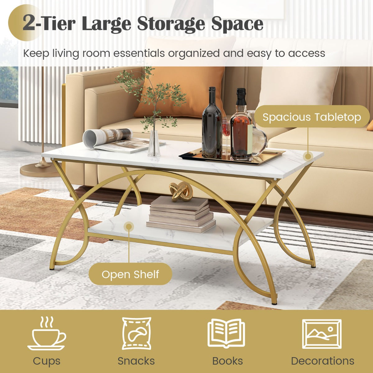 Livsk costway moderne kunstmarmer koffietafel rechthoekige accenttafel met 2 lagen en goud afgewerkt metalen frame wit 3