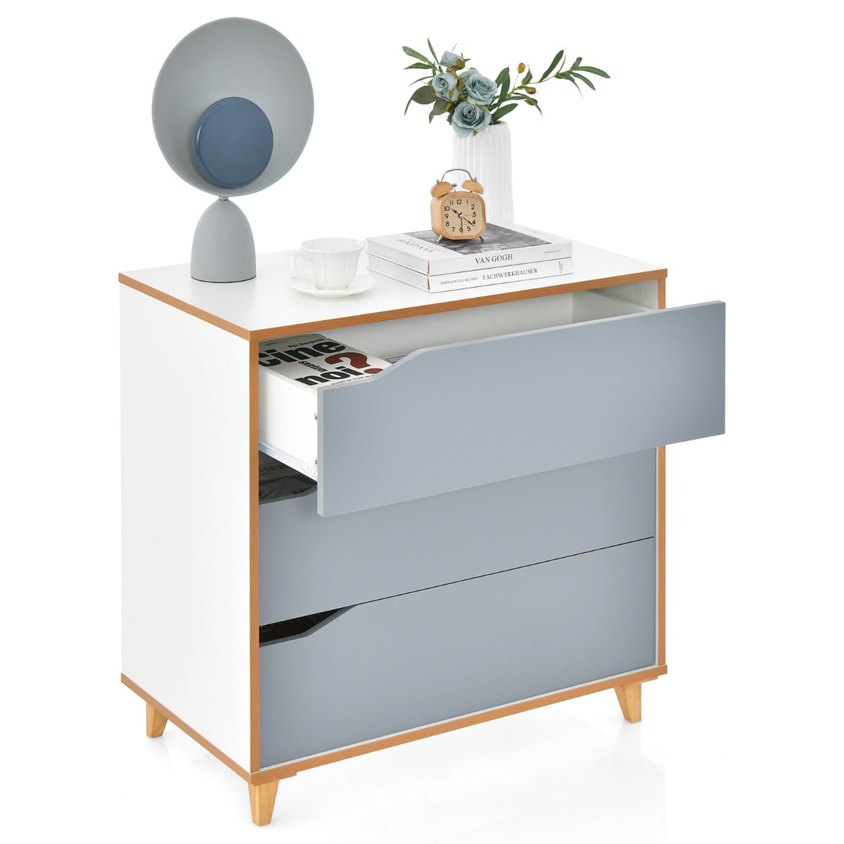 LIVSK Ladekast - 3 Ruime Lades - Kantelbeveiliging - Verzonken Handgrepen - Eenvoudige Montage - 75 x 42 x 75 cm - Wit + Grijs