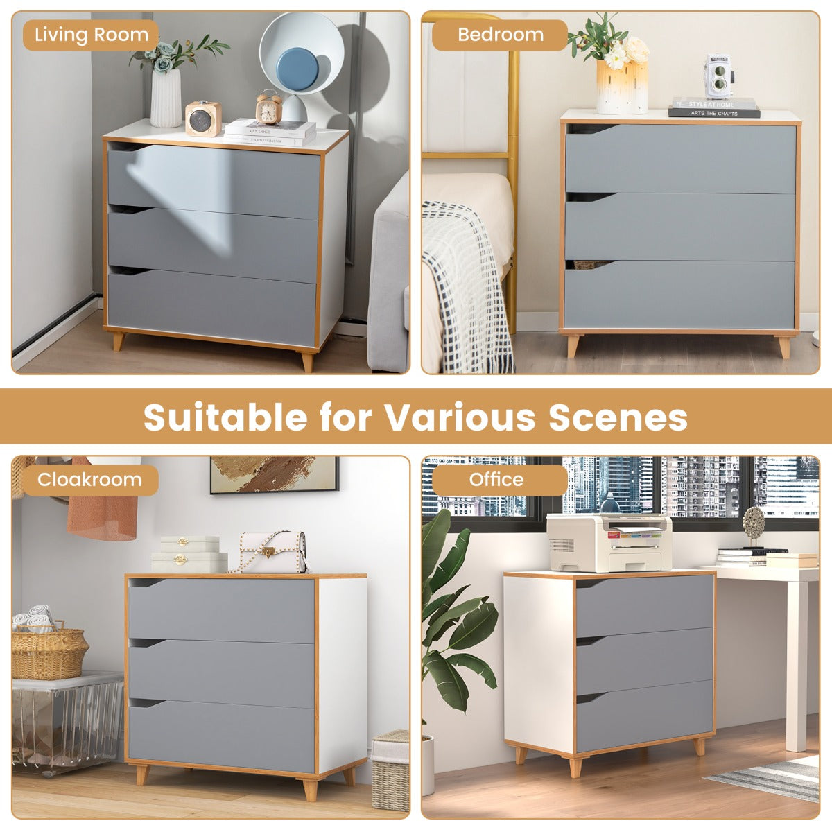 LIVSK Ladekast - 3 Ruime Lades - Kantelbeveiliging - Verzonken Handgrepen - Eenvoudige Montage - 75 x 42 x 75 cm - Wit + Grijs