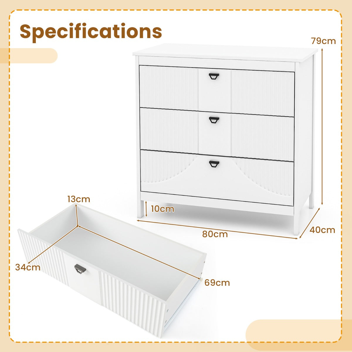LIVSK Multifunctionele Ladekast - 3 Uittrekbare Lades - Stevig MDF - Tot 60 kg - Antislip Glijders - 80 x 40 x 79 cm - Wit