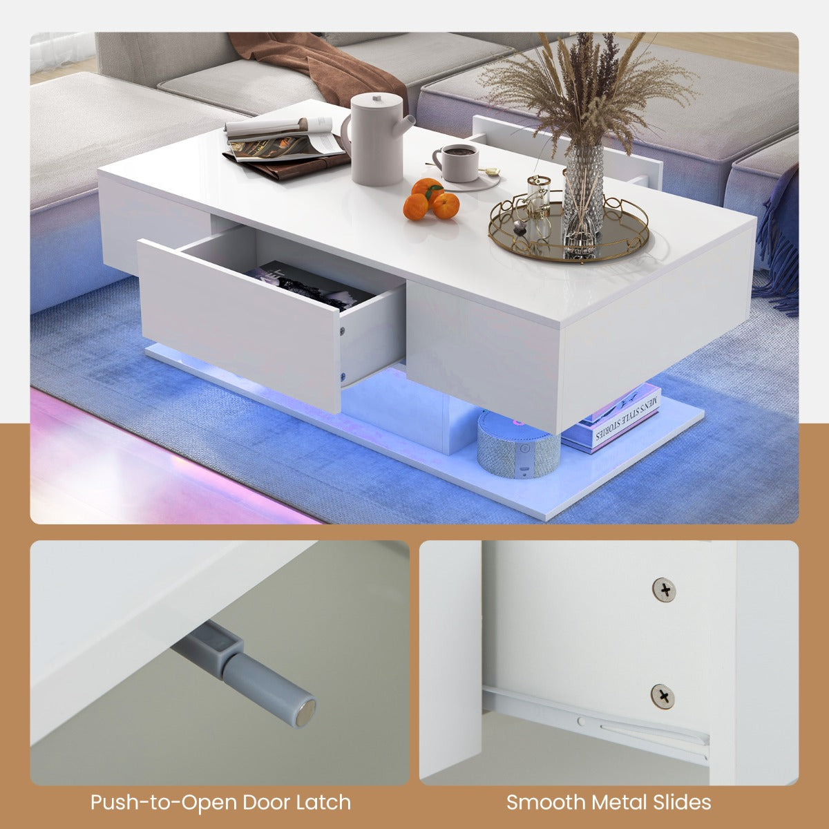 LIVSK LED-salontafel - Veelkleurige LED-verlichting met Afstandsbediening - 2 Opberglades - Hoogglans Afwerking - 110 x 60 x 40