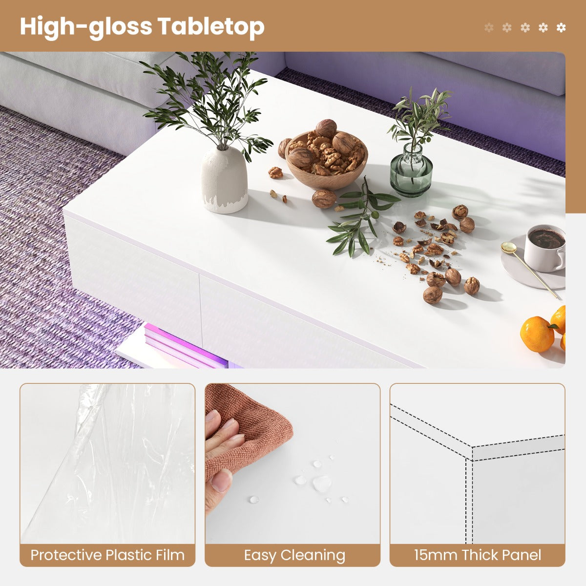 LIVSK LED-salontafel - Veelkleurige LED-verlichting met Afstandsbediening - 2 Opberglades - Hoogglans Afwerking - 110 x 60 x 40