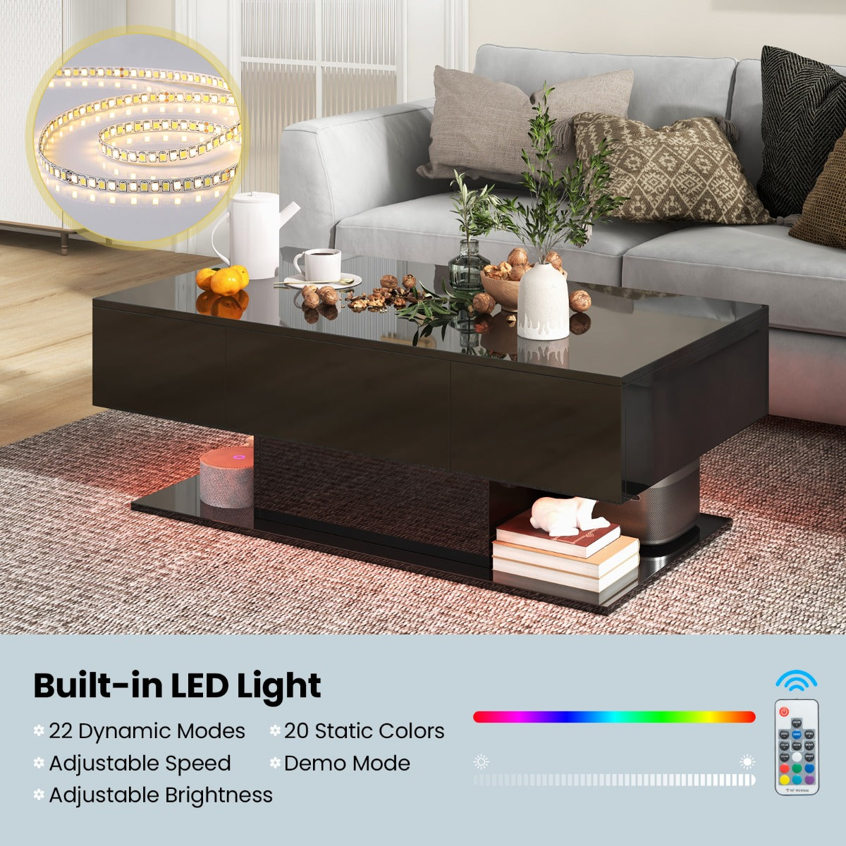 LIVSK LED Salontafel met 2 Opberglades - Hoogglans MDF - 20 Kleuren en 22 Dynamische standen - Duurzaam en Elegant - Zwart