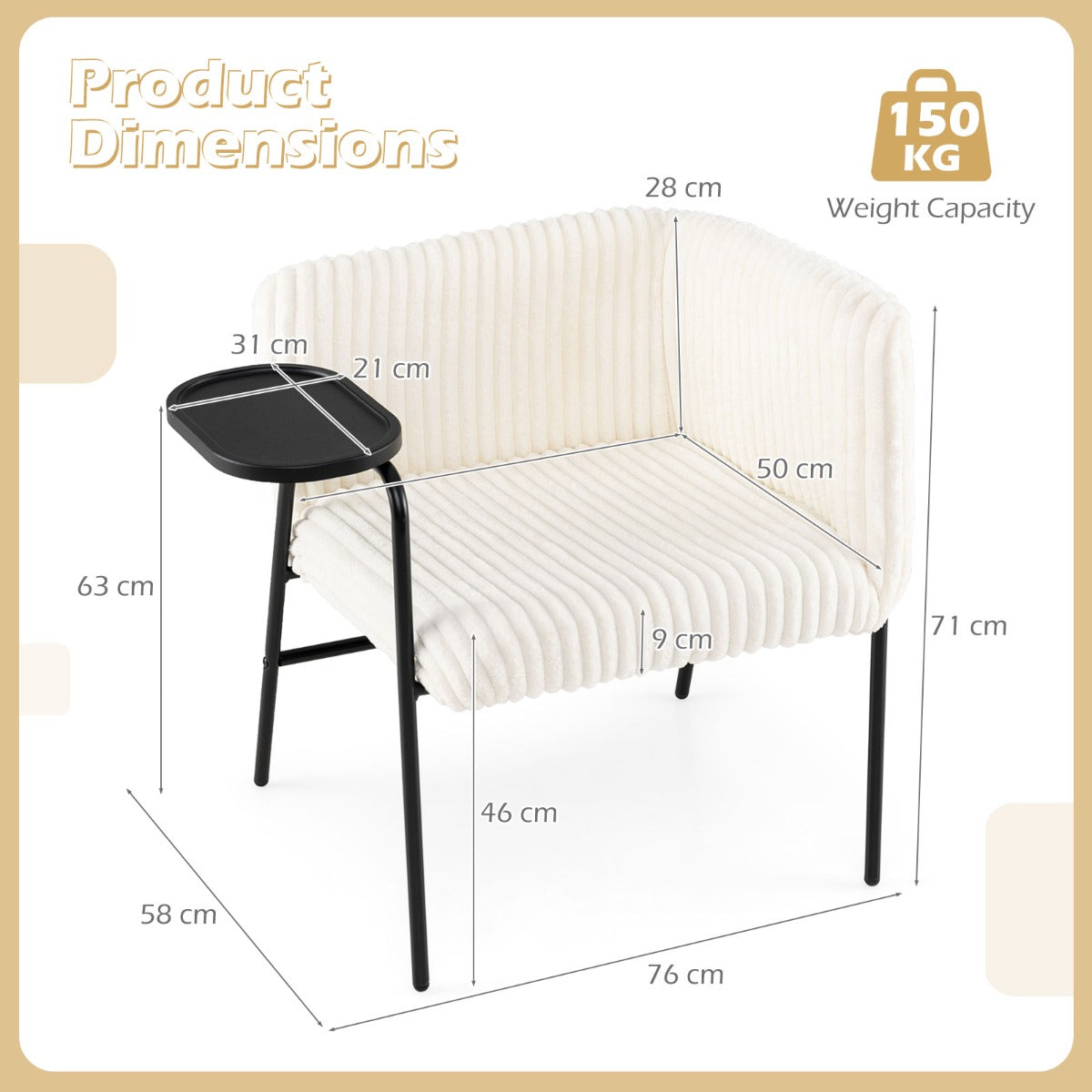 Livsk costway moderne loungebank met dienblad fauteuil met stevig metalen frame en schuimrubberen bekleding