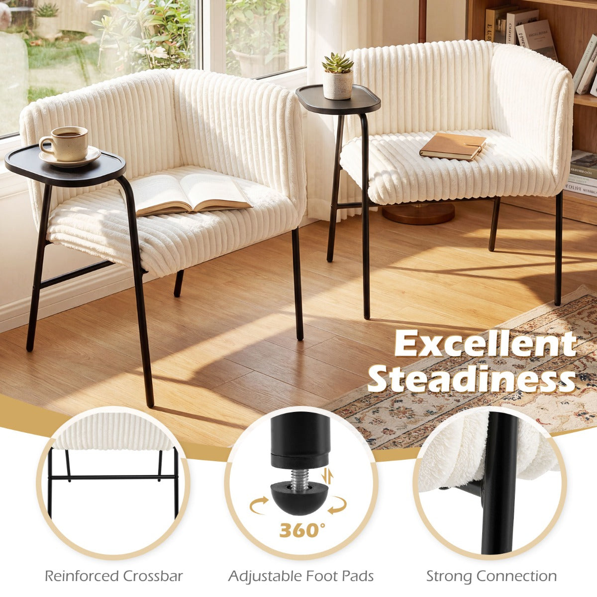 Livsk costway moderne loungebank met dienblad fauteuil met stevig metalen frame en schuimrubberen bekleding