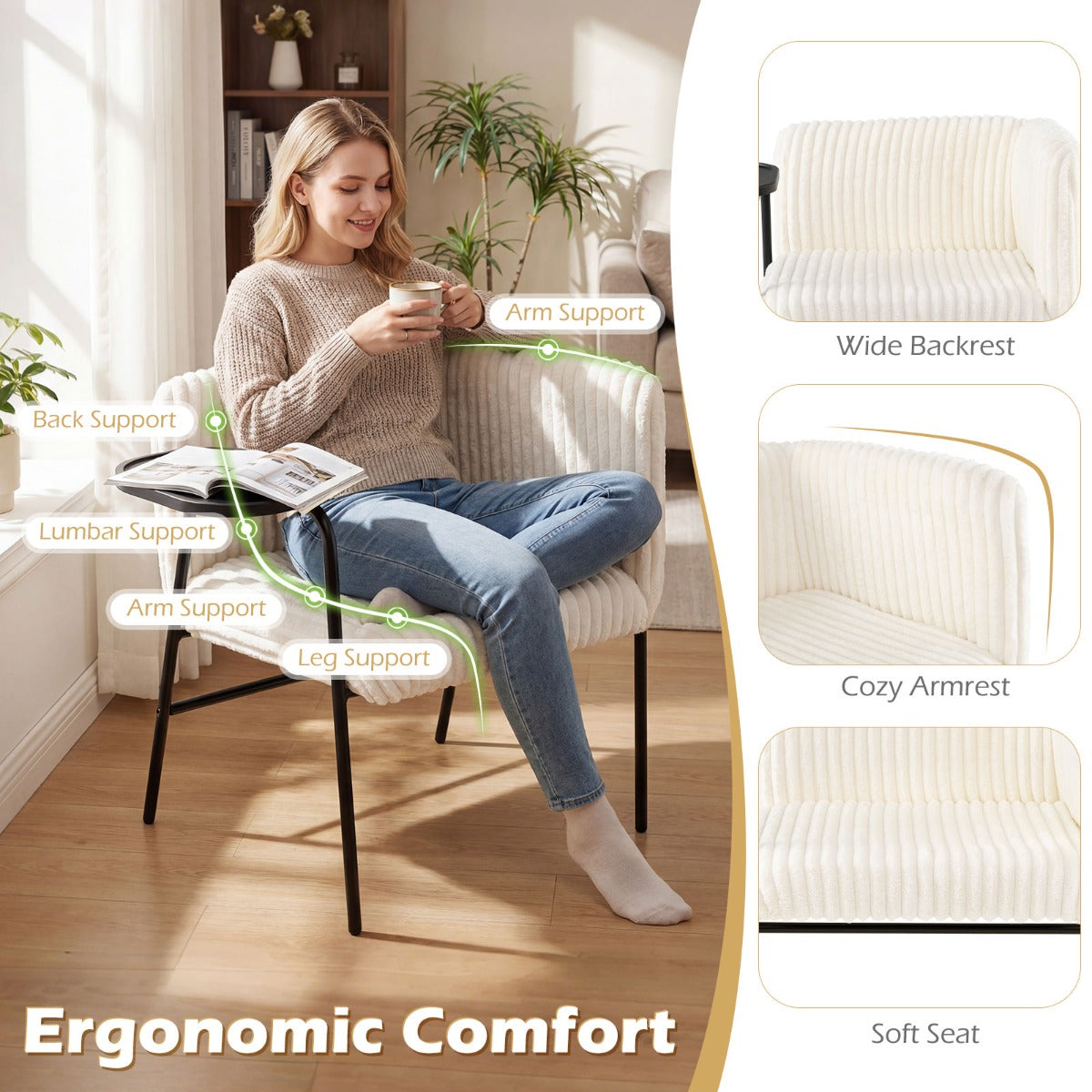 Livsk costway moderne loungebank met dienblad fauteuil met stevig metalen frame en schuimrubberen bekleding