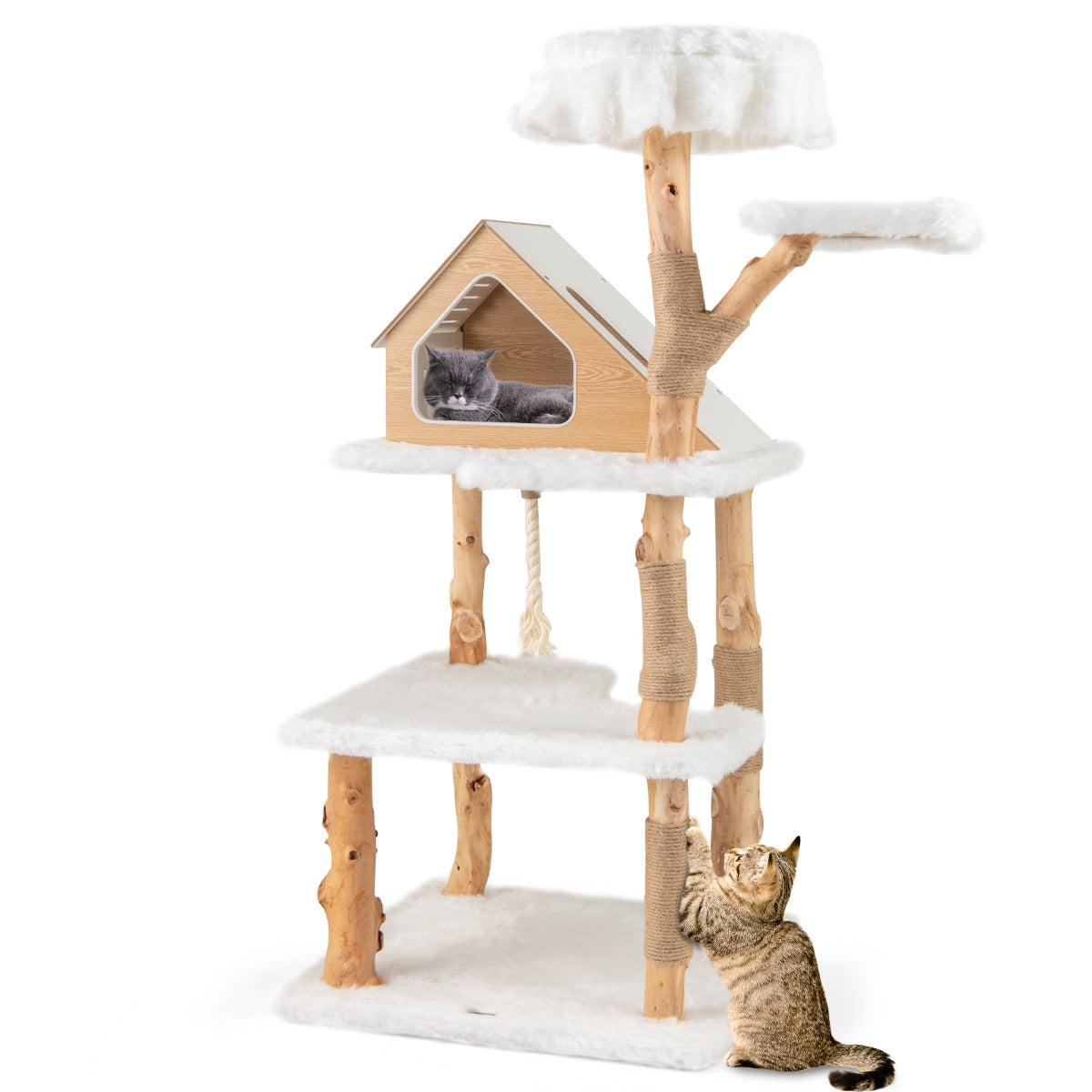 LIVSK Moderne Kattenboom met Huisje - Natuurlijke Houten Stammen - 2 Zitstokken - 2 Platforms - Pluche Bekleding - Wit