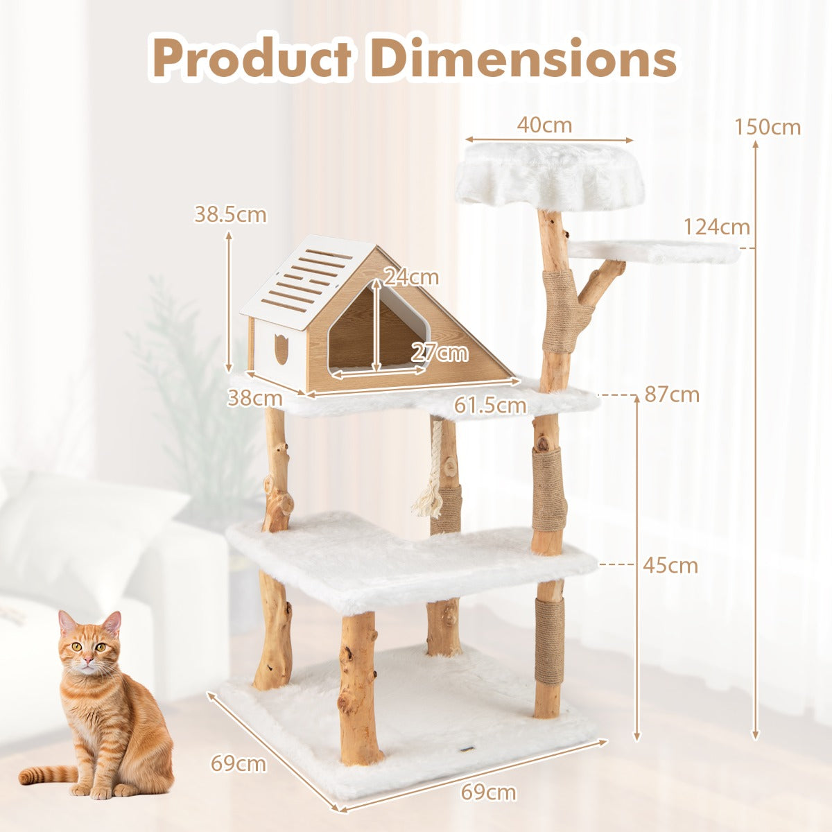 LIVSK Moderne Kattenboom met Huisje - Natuurlijke Houten Stammen - 2 Zitstokken - 2 Platforms - Pluche Bekleding - Wit