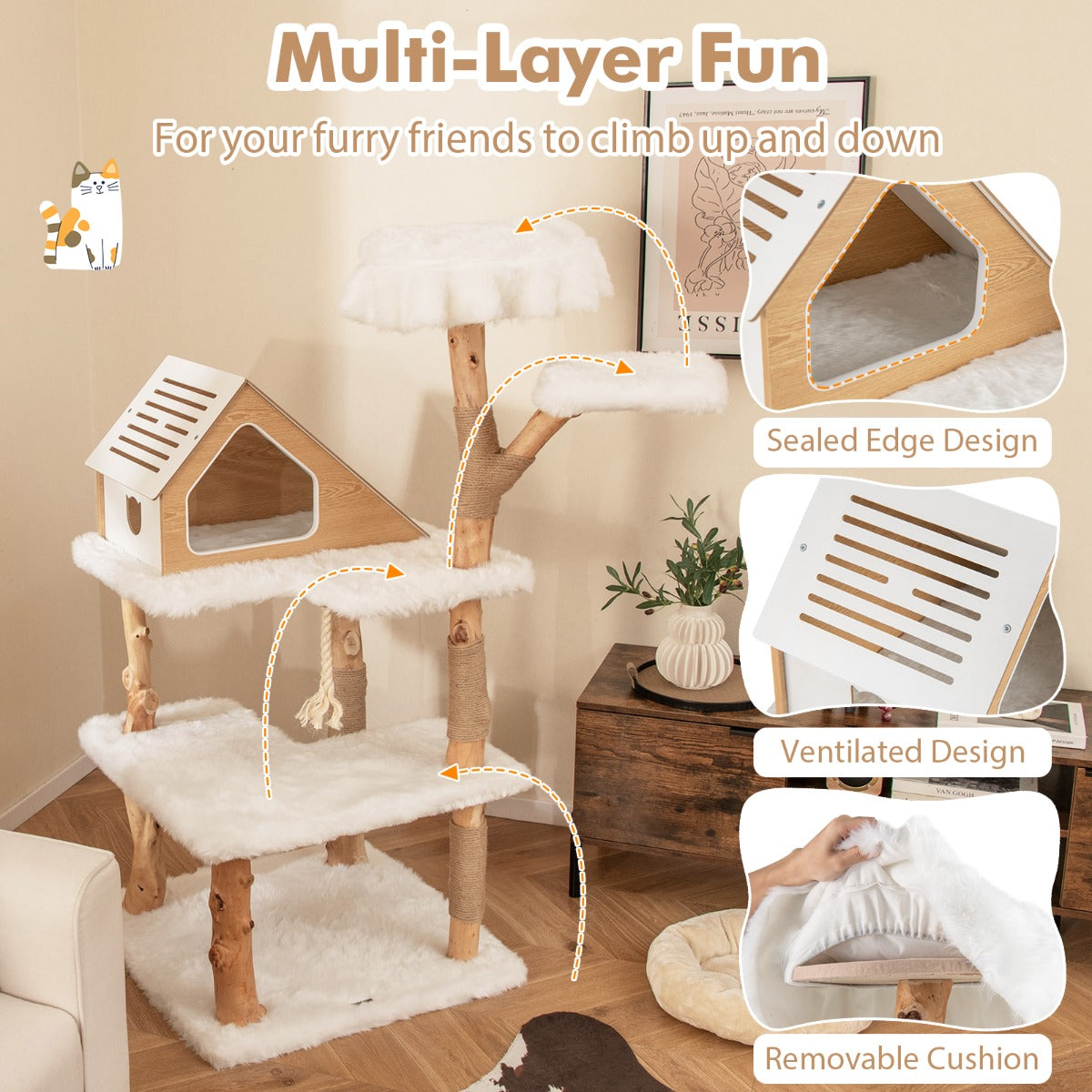 LIVSK Moderne Kattenboom met Huisje - Natuurlijke Houten Stammen - 2 Zitstokken - 2 Platforms - Pluche Bekleding - Wit