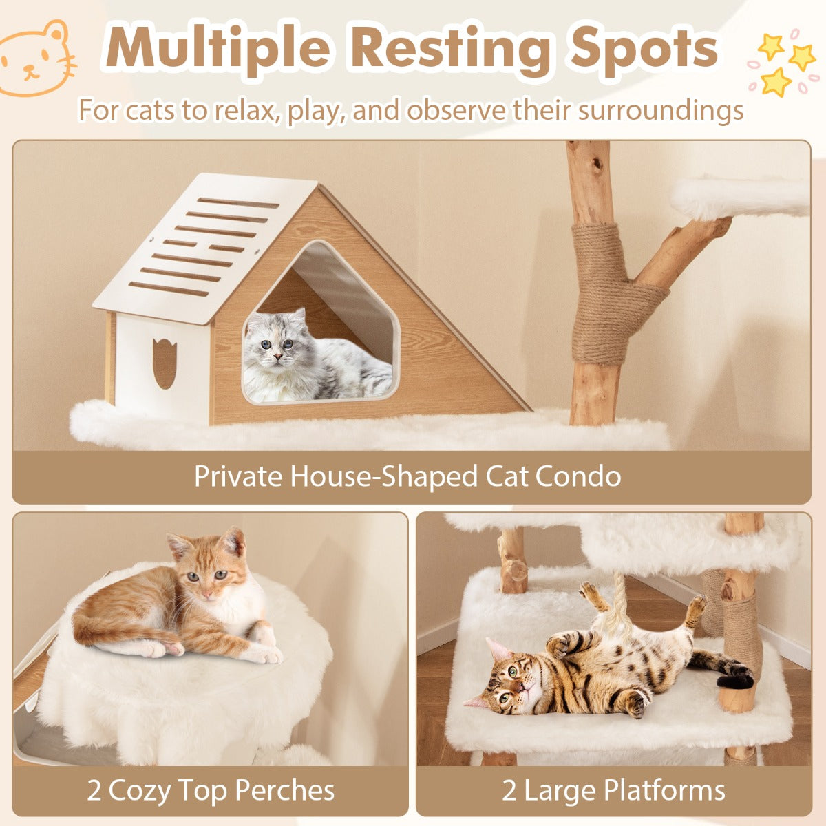 LIVSK Moderne Kattenboom met Huisje - Natuurlijke Houten Stammen - 2 Zitstokken - 2 Platforms - Pluche Bekleding - Wit