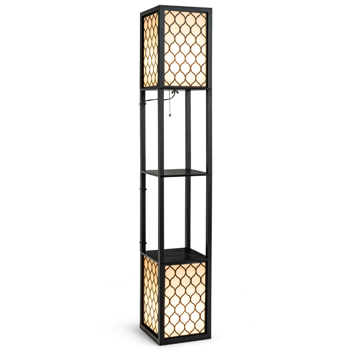 LIVSK Plank Vloerlamp met Dubbele Lampenkap en Opbergplanken - Multifunctioneel Design - Oogbeschermende Verlichting - Zwart + Wit
