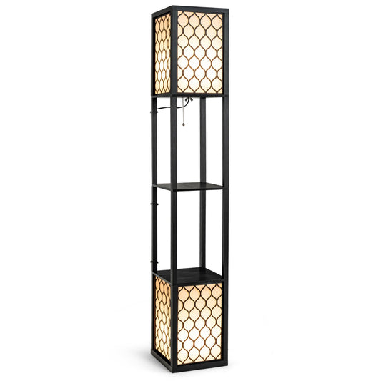 LIVSK Plank Vloerlamp met Dubbele Lampenkap en Opbergplanken - Multifunctioneel Design - Oogbeschermende Verlichting - Zwart + Wit