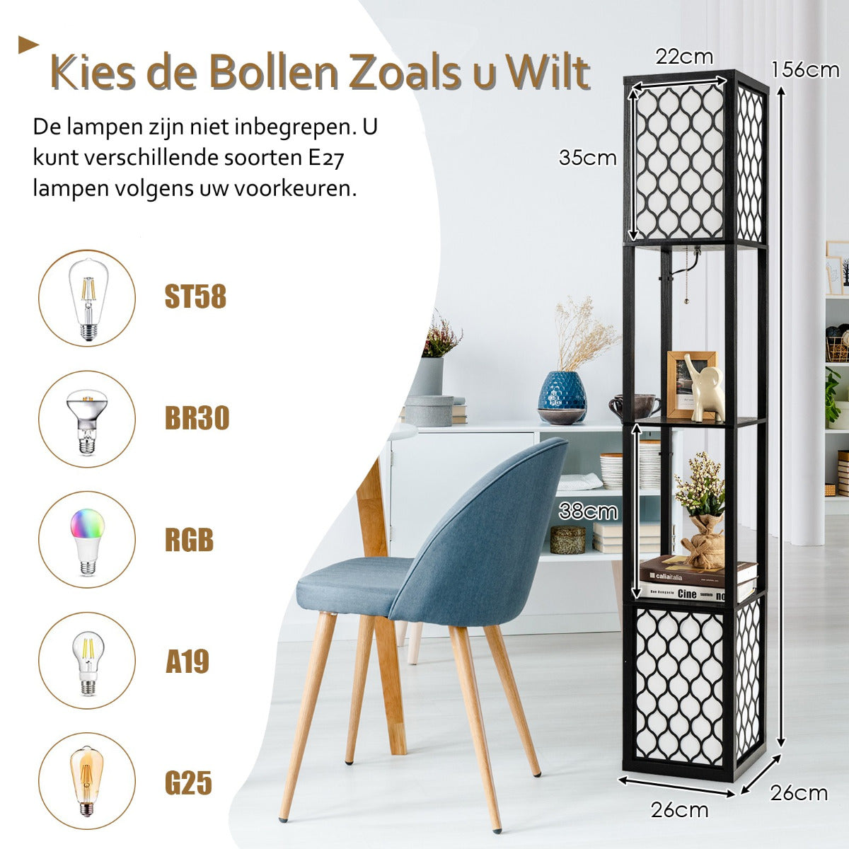 LIVSK Plank Vloerlamp met Dubbele Lampenkap en Opbergplanken - Multifunctioneel Design - Oogbeschermende Verlichting - Zwart + Wit