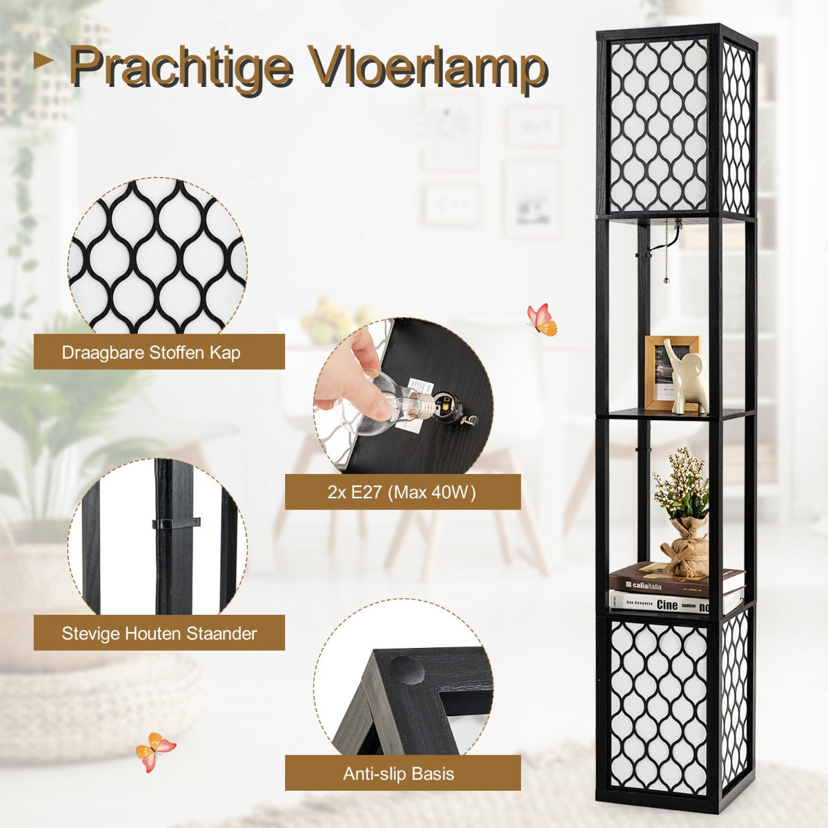 LIVSK Plank Vloerlamp met Dubbele Lampenkap en Opbergplanken - Multifunctioneel Design - Oogbeschermende Verlichting - Zwart + Wit