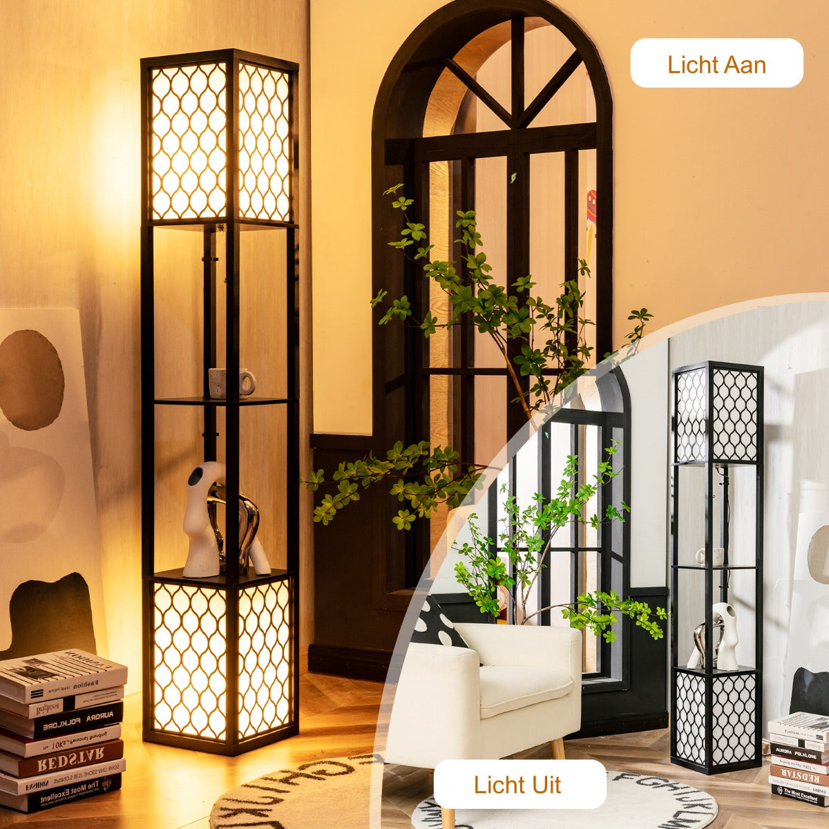 LIVSK Plank Vloerlamp met Dubbele Lampenkap en Opbergplanken - Multifunctioneel Design - Oogbeschermende Verlichting - Zwart + Wit