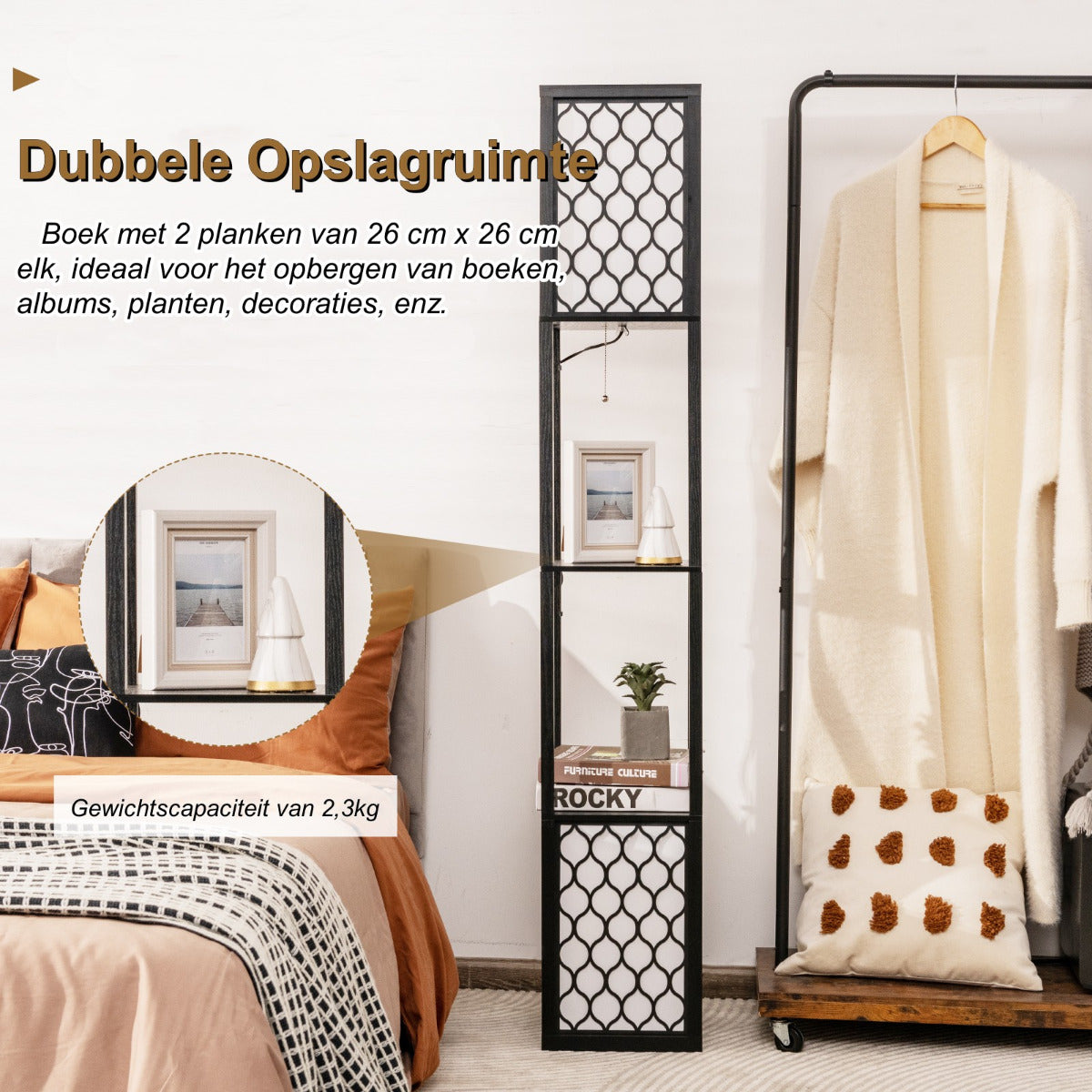 LIVSK Plank Vloerlamp met Dubbele Lampenkap en Opbergplanken - Multifunctioneel Design - Oogbeschermende Verlichting - Zwart + Wit