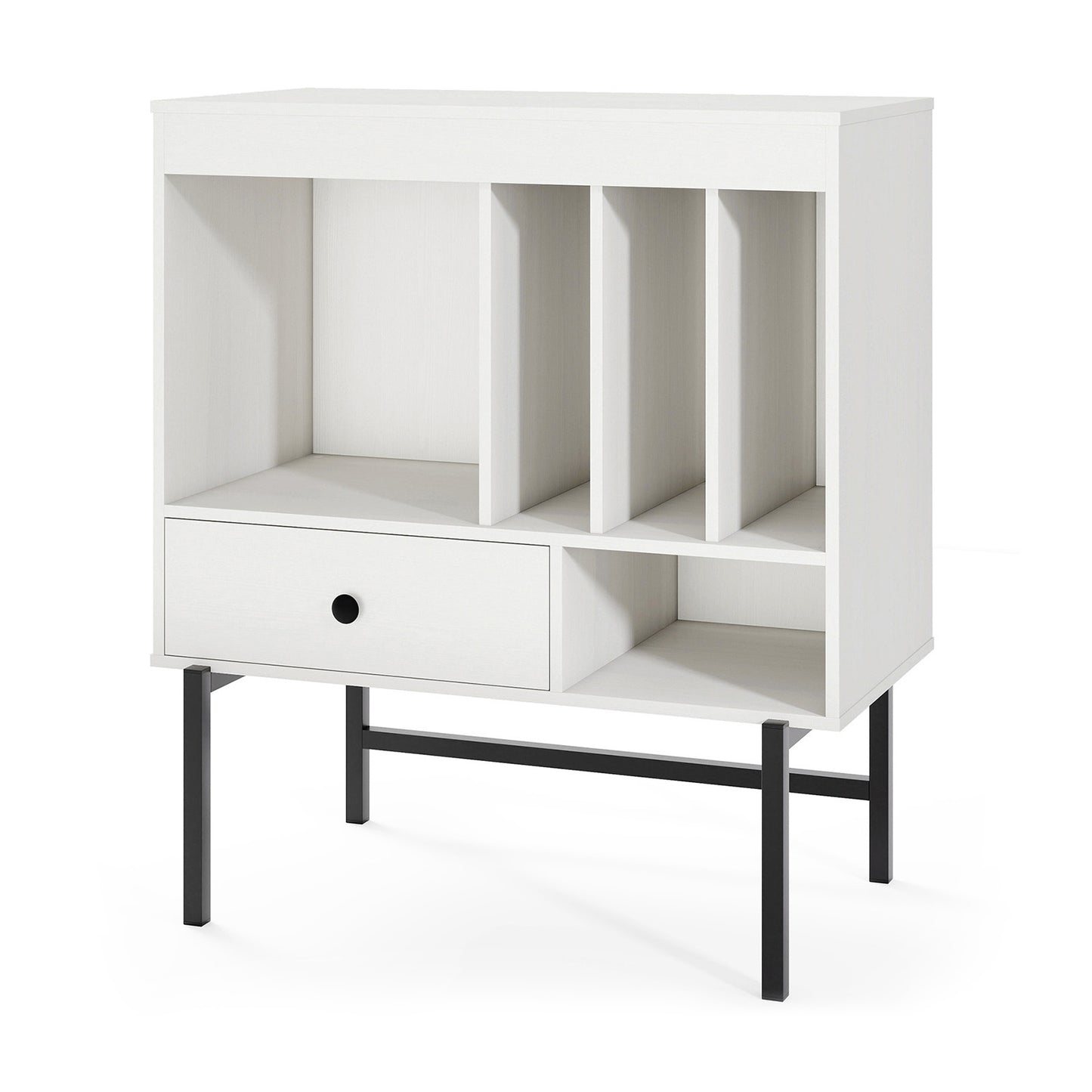 LIVSK Platenstandaard met Albumhouders - Ruim Tafelblad en Lade - Duurzaam Ontwerp - 70 x 36 x 80 cm - Wit