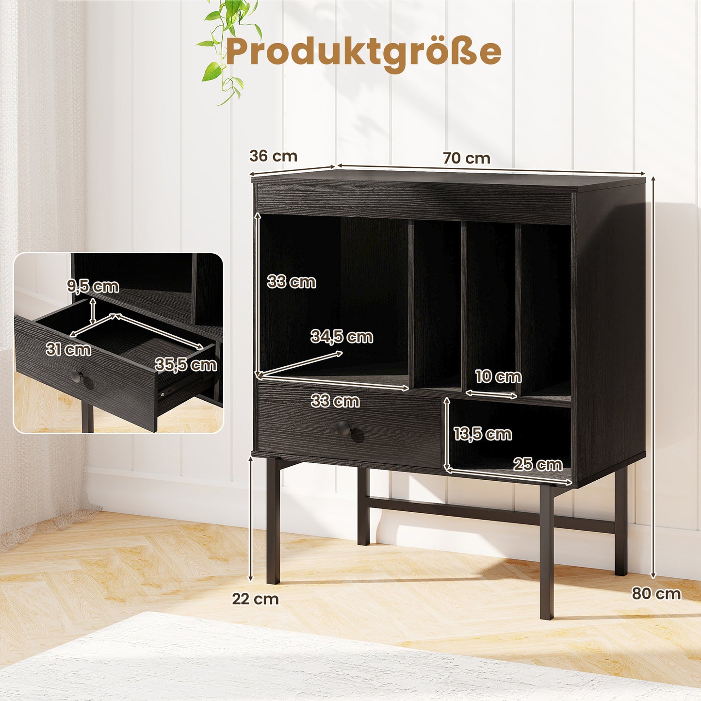 LIVSK Platenspelerstandaard - Ruim Tafelblad - 3 Albumhouders - Lade - Stevig en Modern - 70 x 36 x 80 cm - Zwart