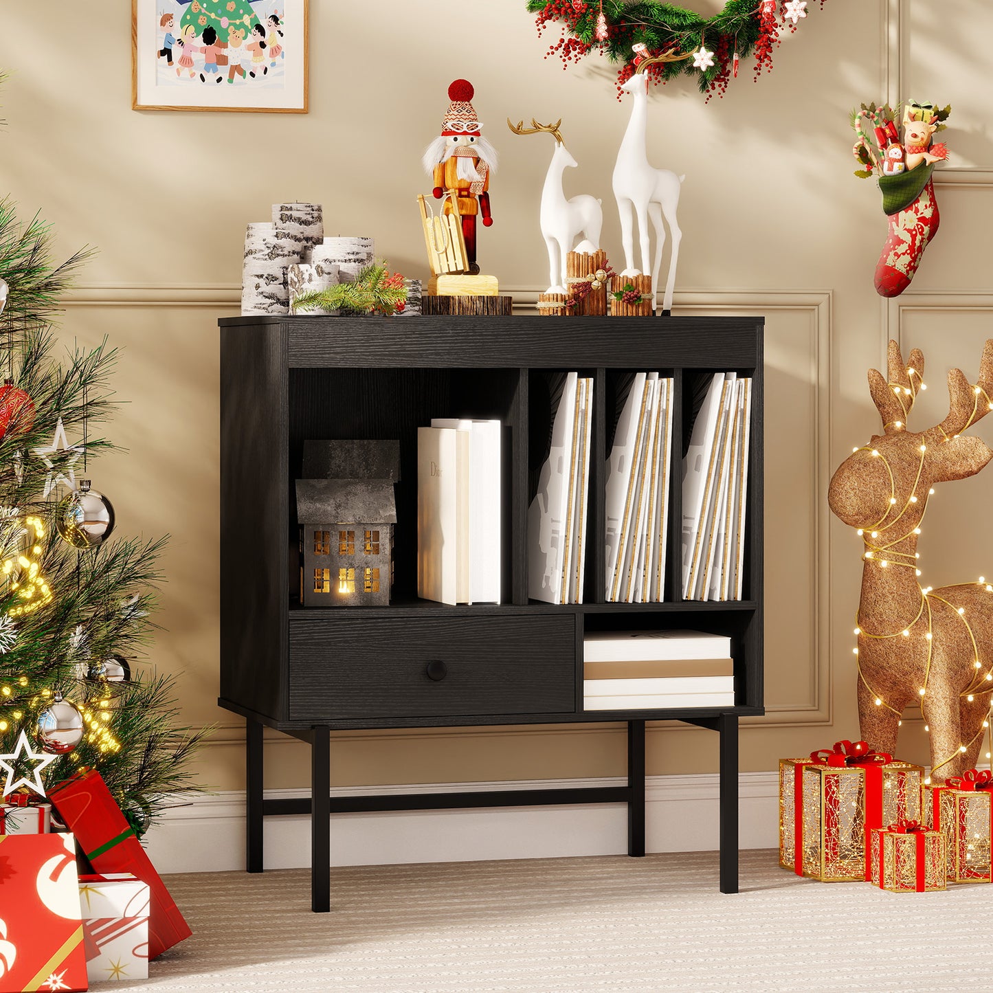 LIVSK Platenspelerstandaard - Ruim Tafelblad - 3 Albumhouders - Lade - Stevig en Modern - 70 x 36 x 80 cm - Zwart
