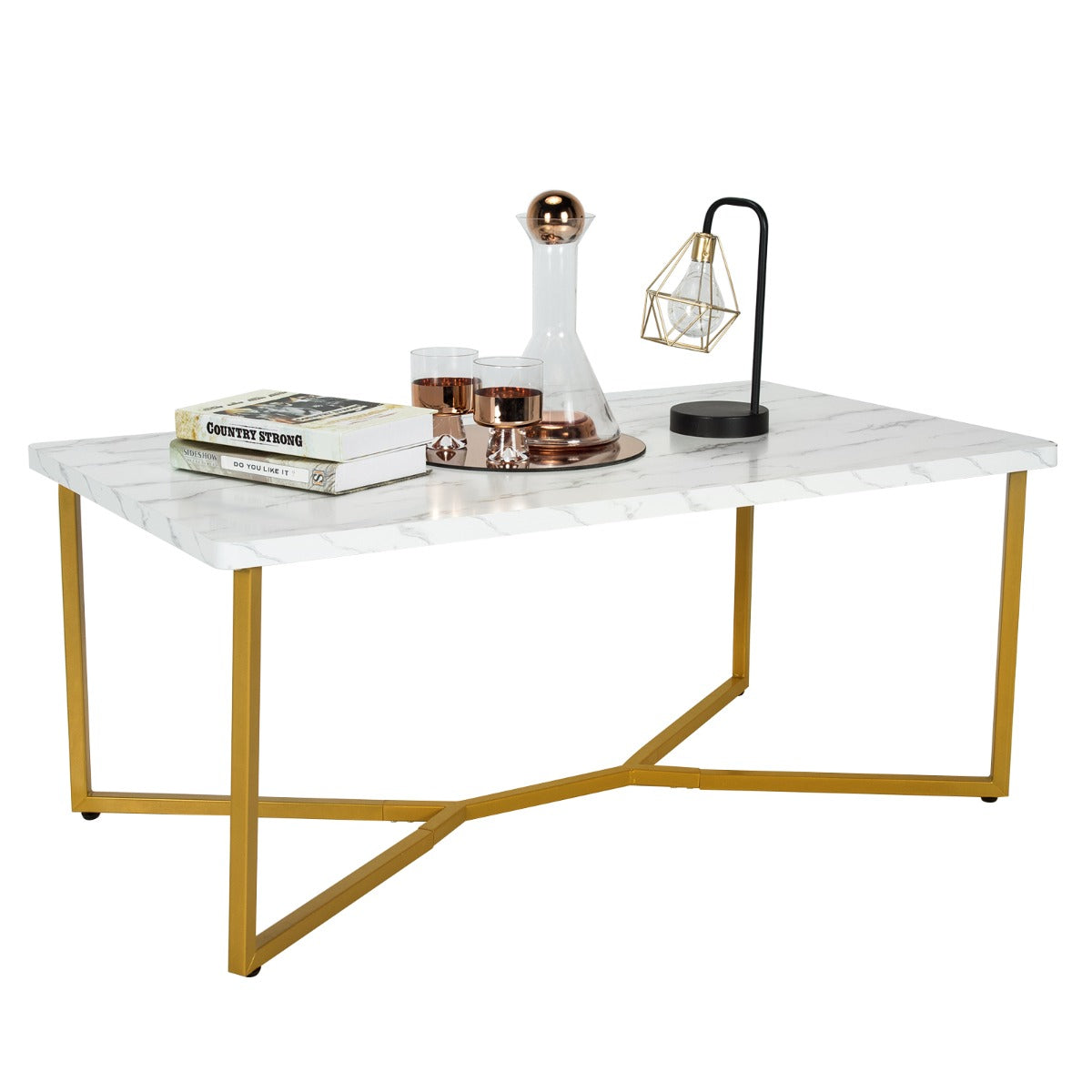 LIVSK Luxe Salontafel - Marmerachtig Tafelblad - Gouden Y-Poten - Duurzaam MDF - Belastbaarheid tot 75 kg - Wit + Gouden