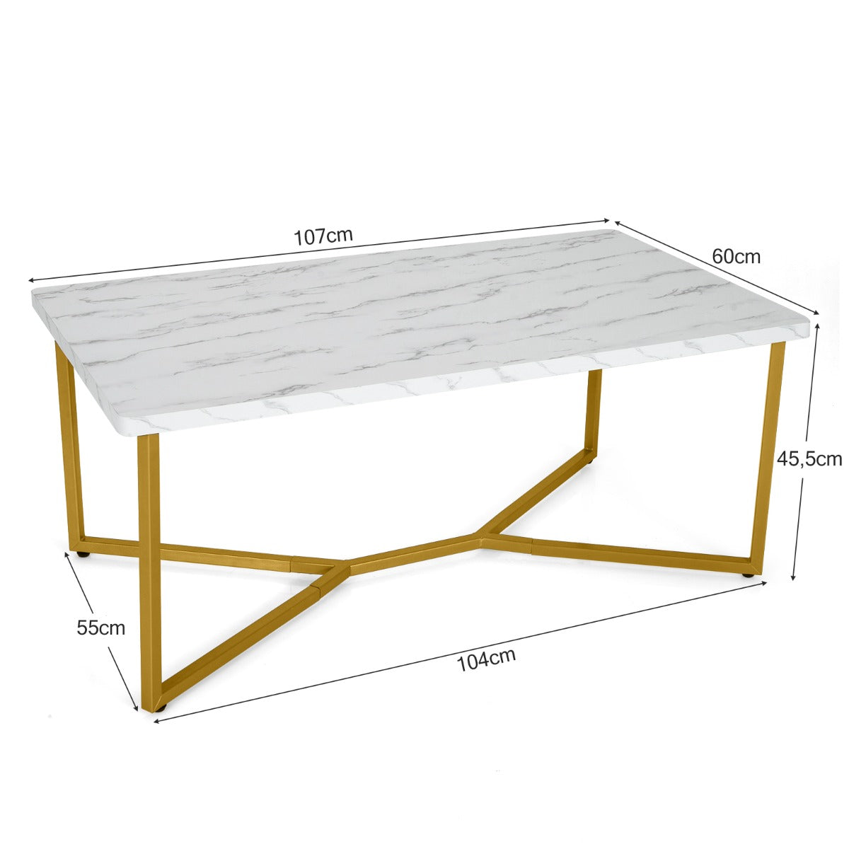 LIVSK Luxe Salontafel - Marmerachtig Tafelblad - Gouden Y-Poten - Duurzaam MDF - Belastbaarheid tot 75 kg - Wit + Gouden