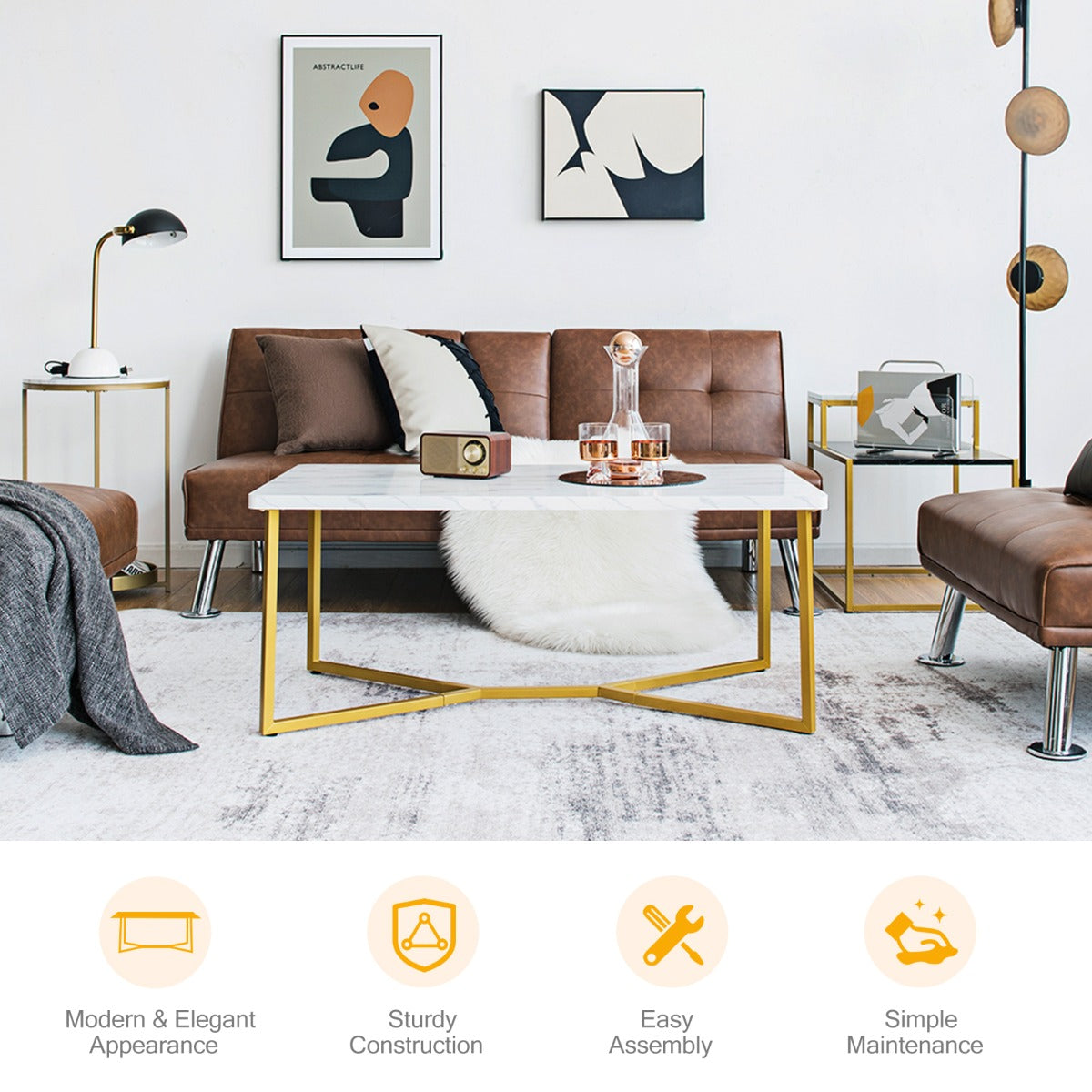 LIVSK Luxe Salontafel - Marmerachtig Tafelblad - Gouden Y-Poten - Duurzaam MDF - Belastbaarheid tot 75 kg - Wit + Gouden