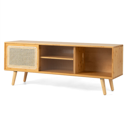 LIVSK Moderne TV Standaard - Natuurlijke Bamboekleur - Rotan Schuifdeuren - 2 Kasten en Planken - Tot 55 inch - Houtkleur