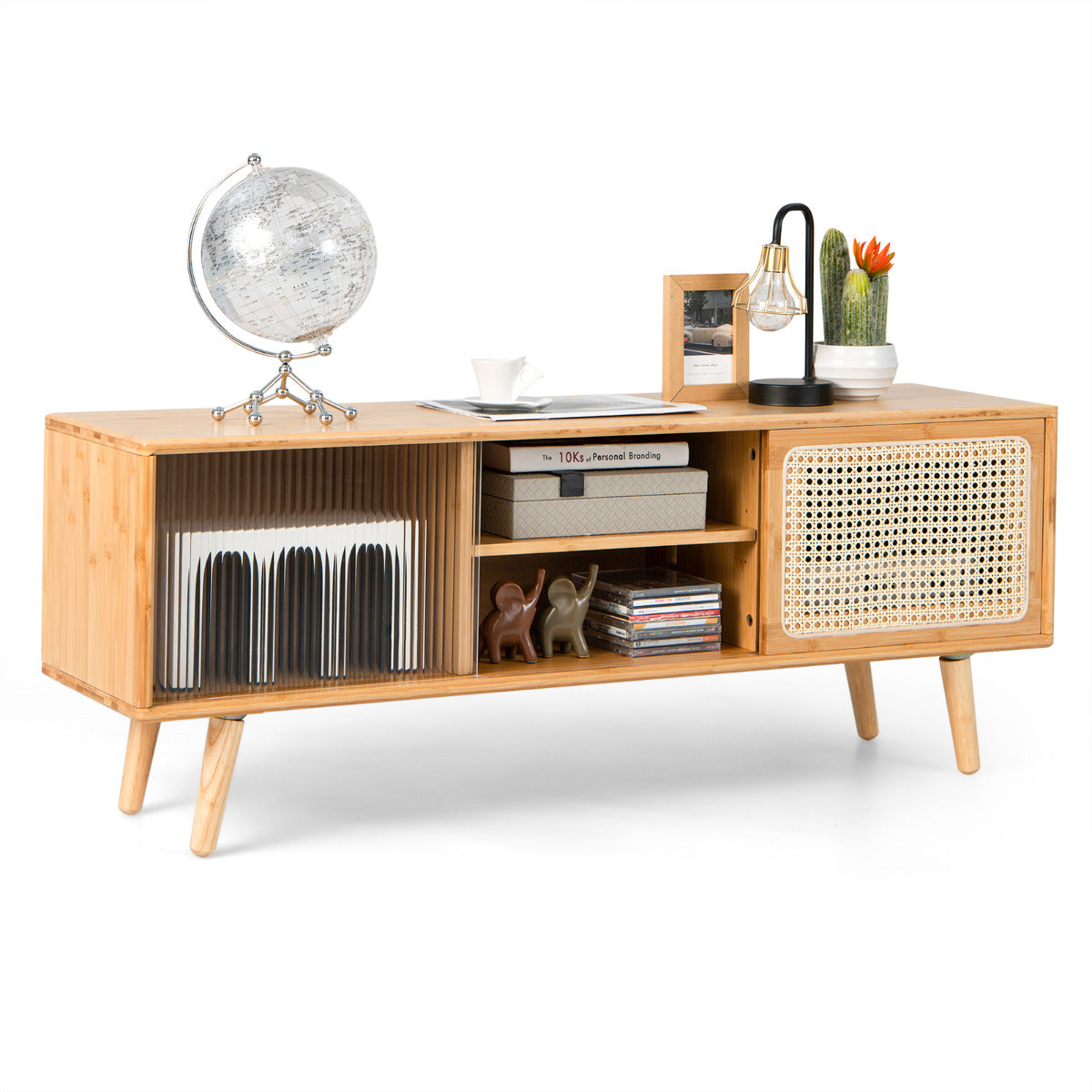 LIVSK Moderne TV Standaard - Natuurlijke Bamboekleur - Rotan Schuifdeuren - 2 Kasten en Planken - Tot 55 inch - Houtkleur