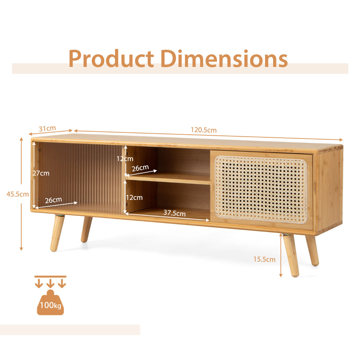 LIVSK Moderne TV Standaard - Natuurlijke Bamboekleur - Rotan Schuifdeuren - 2 Kasten en Planken - Tot 55 inch - Houtkleur
