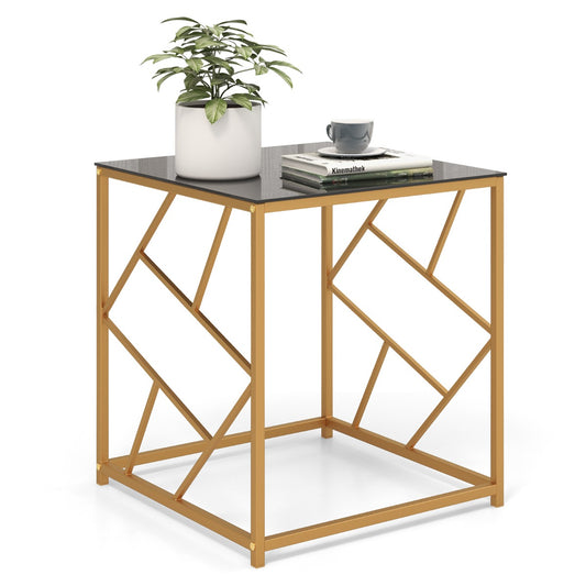 LIVSK Vierkante Bijzettafel - Gehard Glas - Goudkleurig Frame - Compact en Elegant - 50 x 50 x 55 cm - Zwart en goud