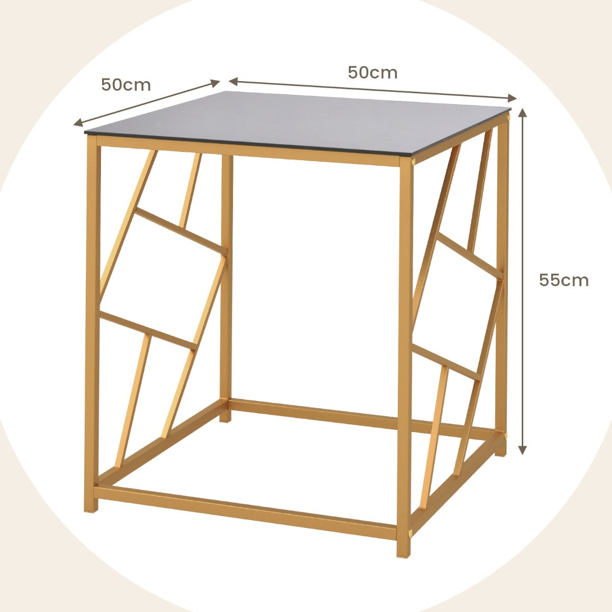LIVSK Vierkante Bijzettafel - Gehard Glas - Goudkleurig Frame - Compact en Elegant - 50 x 50 x 55 cm - Zwart en goud