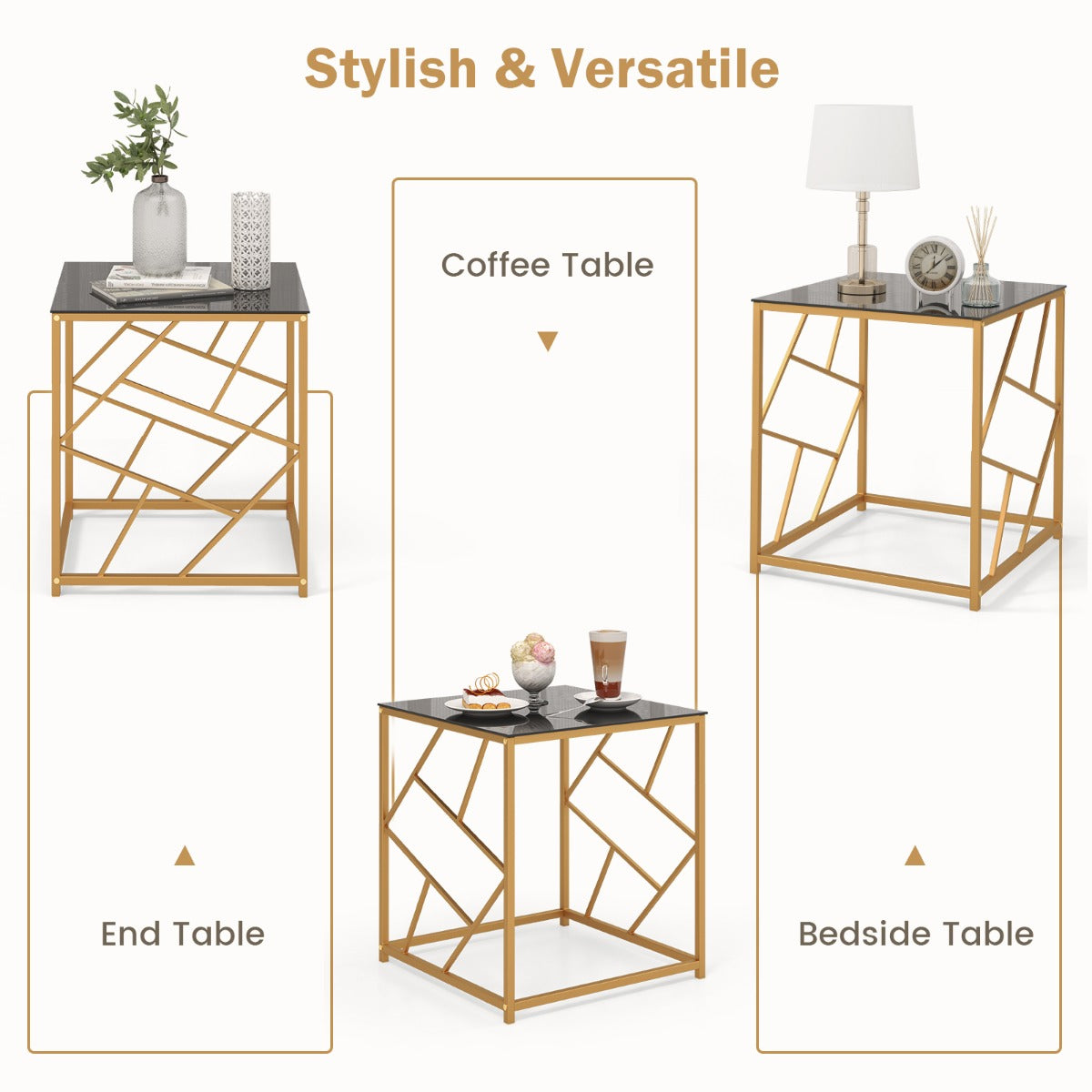 LIVSK Vierkante Bijzettafel - Gehard Glas - Goudkleurig Frame - Compact en Elegant - 50 x 50 x 55 cm - Zwart en goud