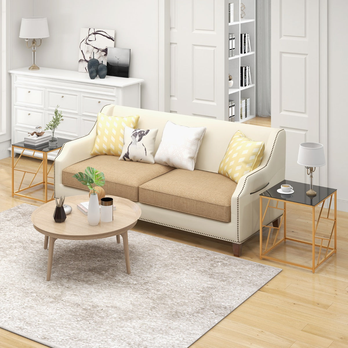 LIVSK Vierkante Bijzettafel - Gehard Glas - Goudkleurig Frame - Compact en Elegant - 50 x 50 x 55 cm - Zwart en goud