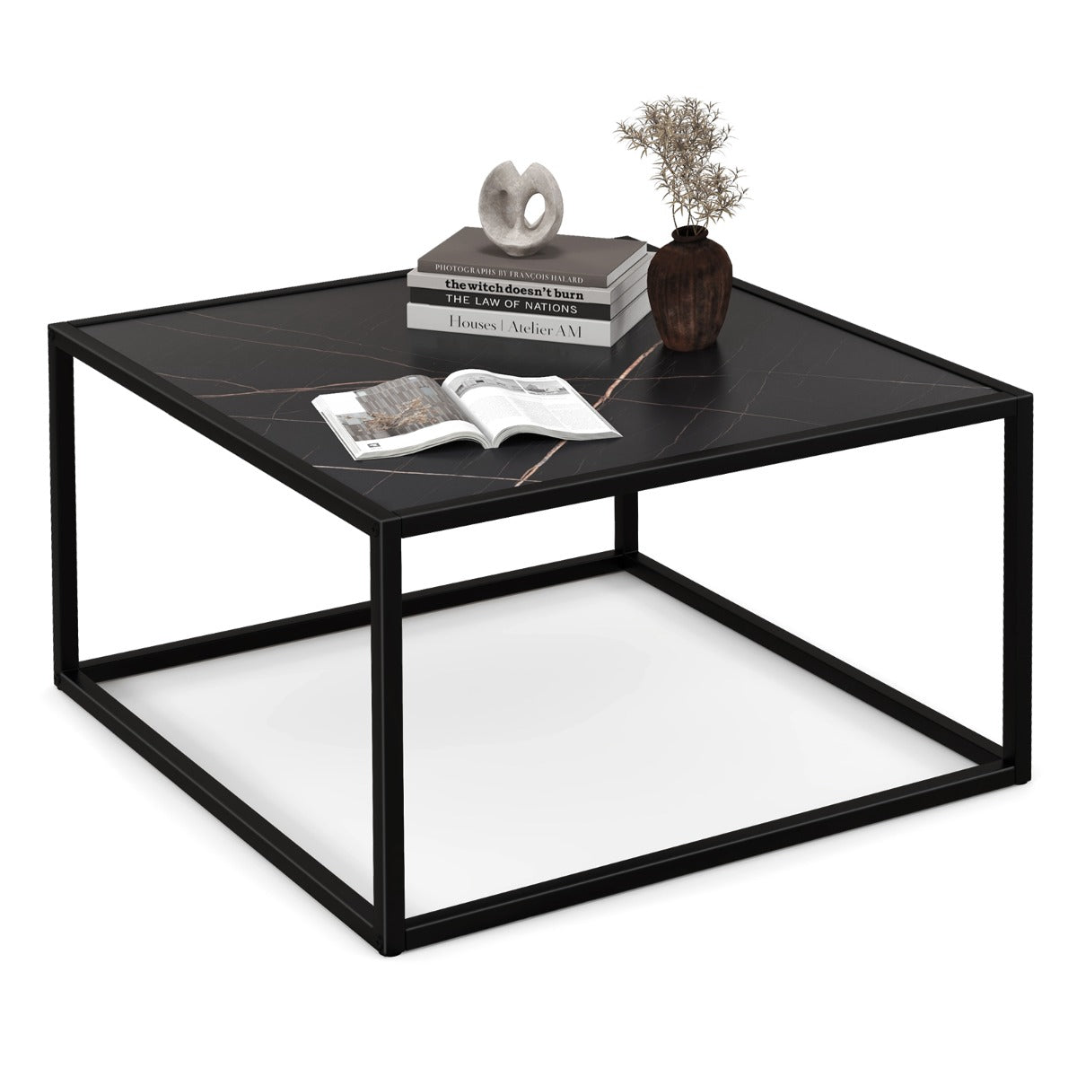 LIVSK Salontafel met Imitatiemarmeren Tafelblad - Mat Stalen Frame - Anti-slip - Ruime Opbergruimte - Draagvermogen 95 kg - Zwart