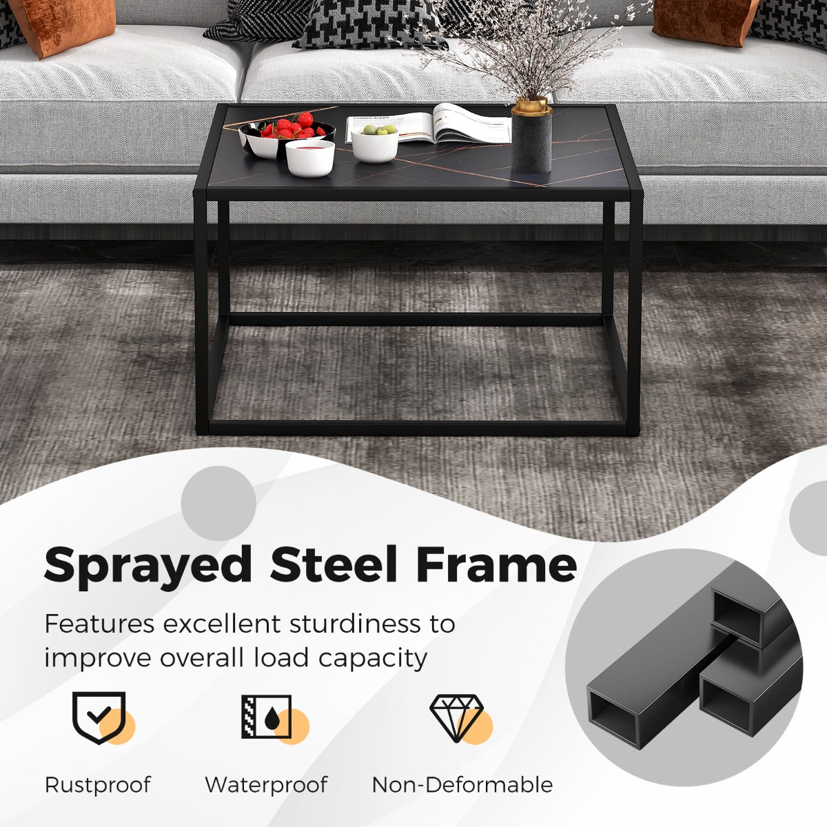 LIVSK Salontafel met Imitatiemarmeren Tafelblad - Mat Stalen Frame - Anti-slip - Ruime Opbergruimte - Draagvermogen 95 kg - Zwart