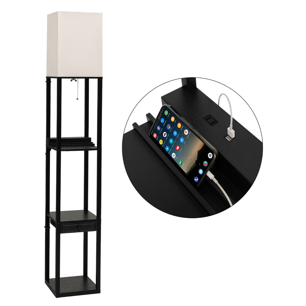 LIVSK Vloerlamp met Plank en Oplaadpoort - Dimbare E27 LED - 3 Helderheidsniveaus - Moderne Stijl - 25 x 25 x 159,5 cm - Zwart +