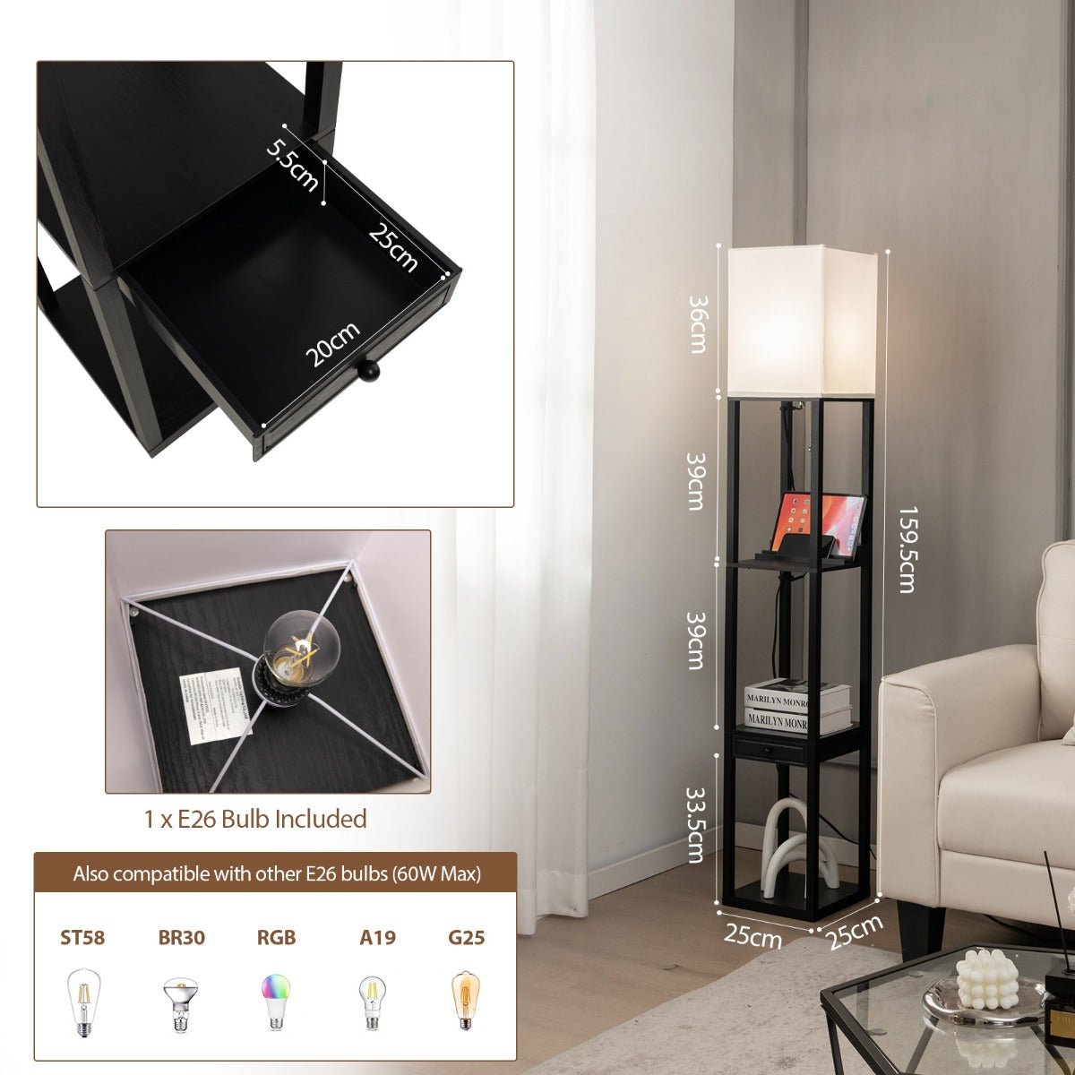 LIVSK Vloerlamp met Plank en Oplaadpoort - Dimbare E27 LED - 3 Helderheidsniveaus - Moderne Stijl - 25 x 25 x 159,5 cm - Zwart +