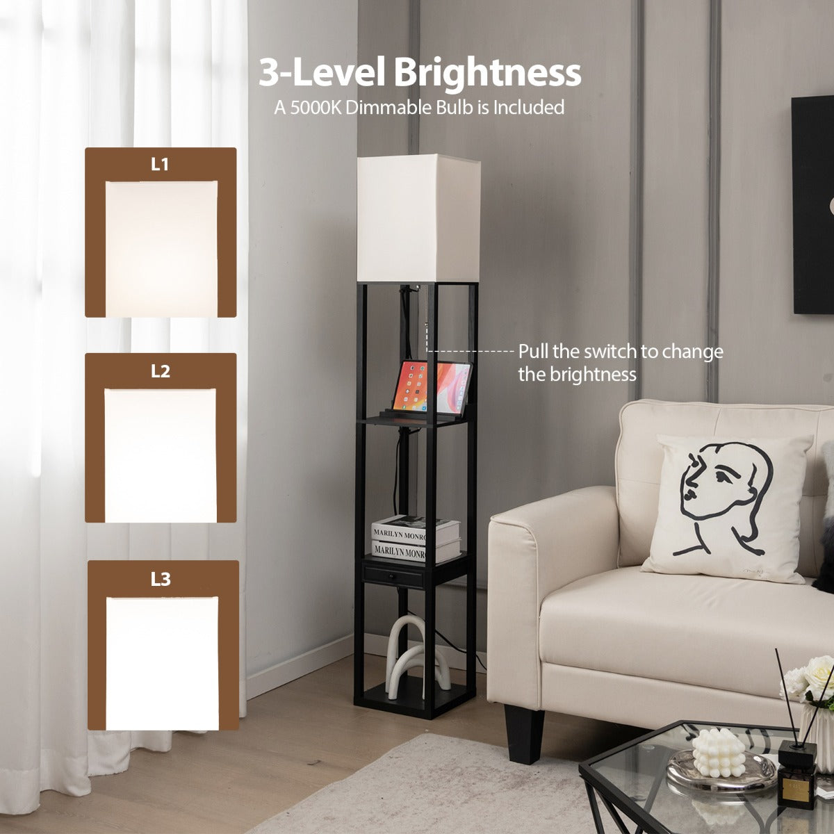 LIVSK Vloerlamp met Plank en Oplaadpoort - Dimbare E27 LED - 3 Helderheidsniveaus - Moderne Stijl - 25 x 25 x 159,5 cm - Zwart +