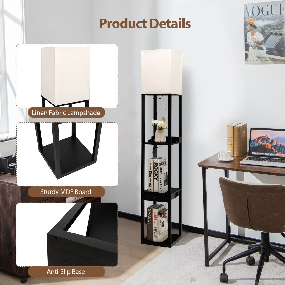 LIVSK Vloerlamp met Plank en Oplaadpoort - Dimbare E27 LED - 3 Helderheidsniveaus - Moderne Stijl - 25 x 25 x 159,5 cm - Zwart +