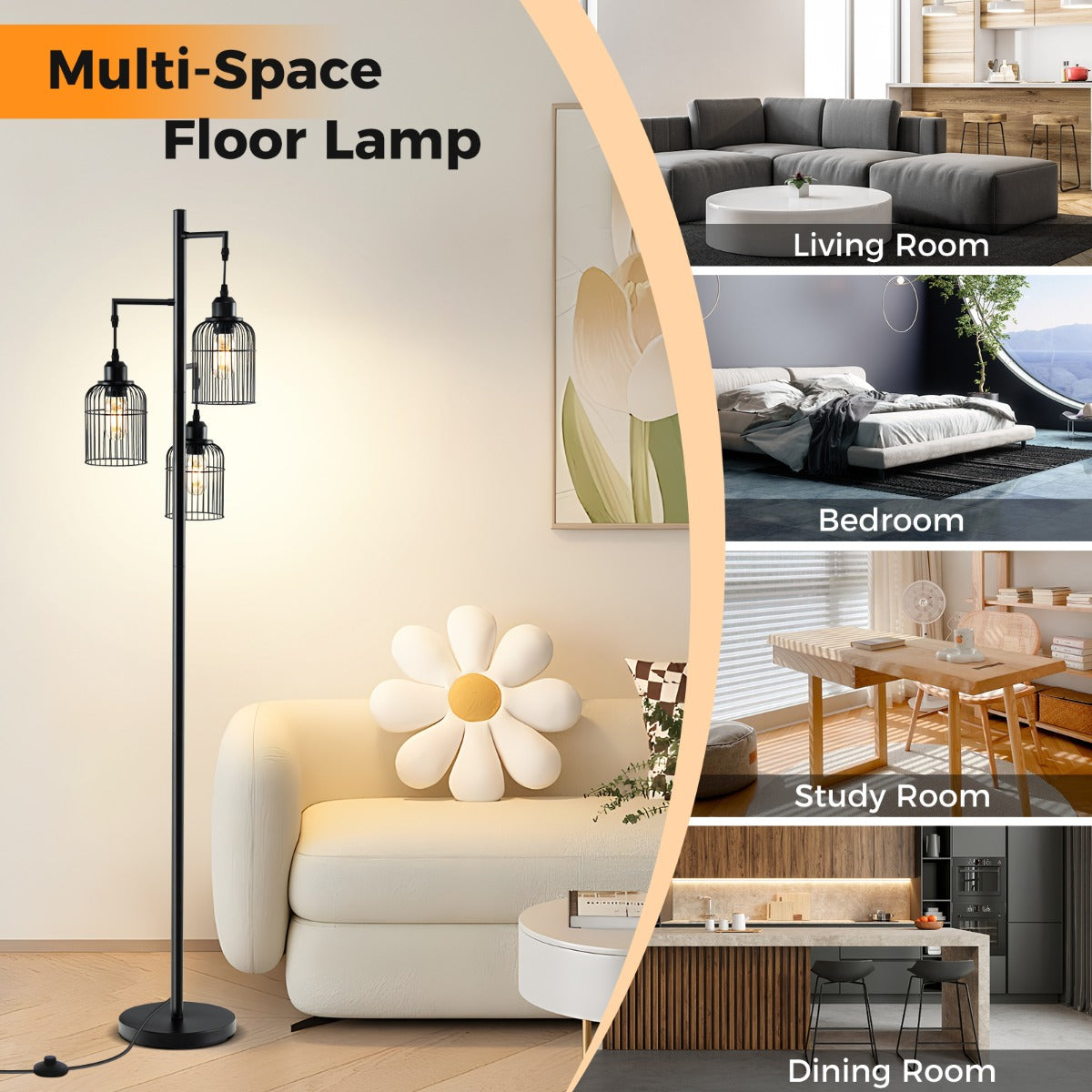LIVSK Vloerlamp met 3 Lichtpunten - Voetschakelaar - Stevige Cementbasis - Modern Design - Voor Lezen en Sfeer - Zwart