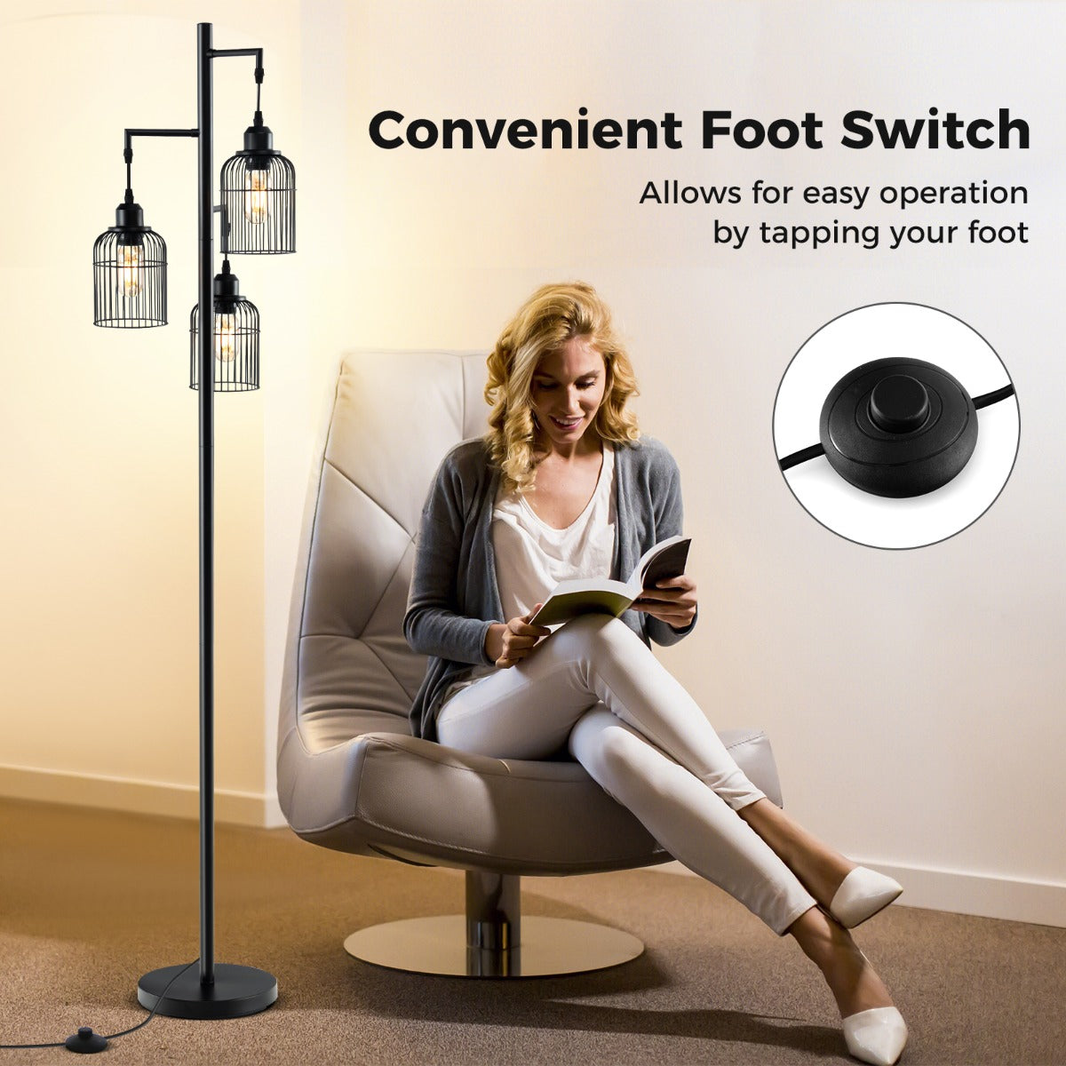 LIVSK Vloerlamp met 3 Lichtpunten - Voetschakelaar - Stevige Cementbasis - Modern Design - Voor Lezen en Sfeer - Zwart