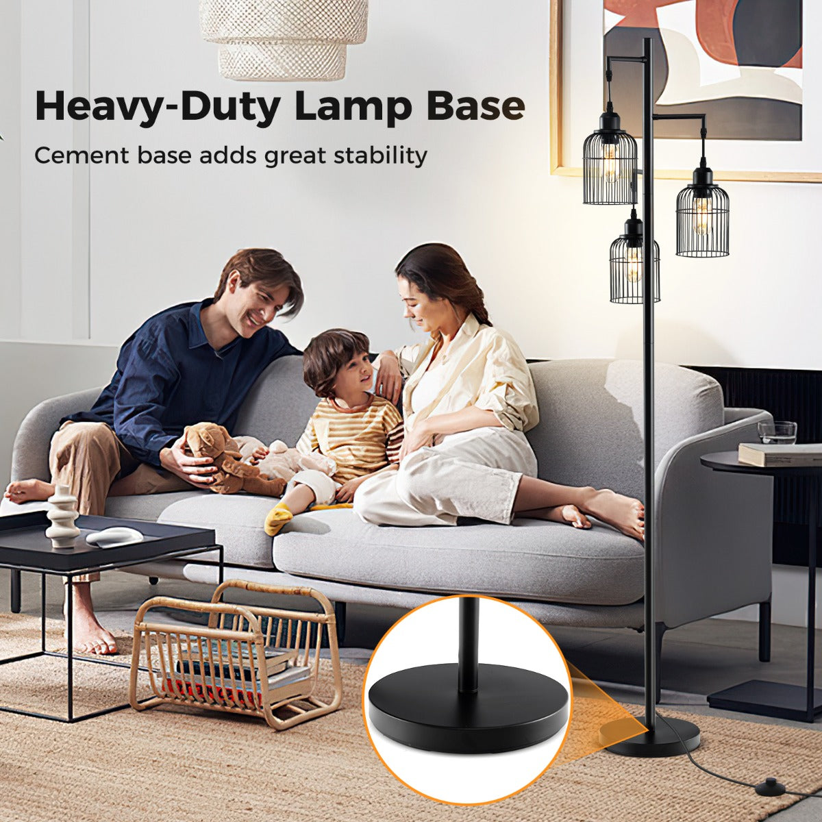 LIVSK Vloerlamp met 3 Lichtpunten - Voetschakelaar - Stevige Cementbasis - Modern Design - Voor Lezen en Sfeer - Zwart
